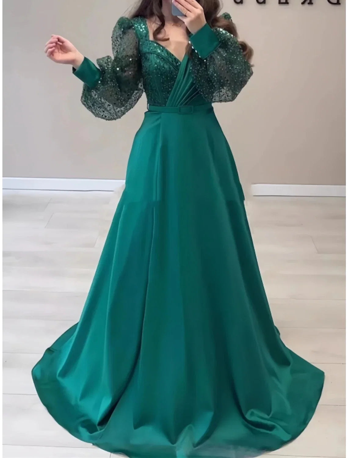 Black A-Line V-Neck Satin Long Sleeve Pleated Evening Gown - Chloe Dress