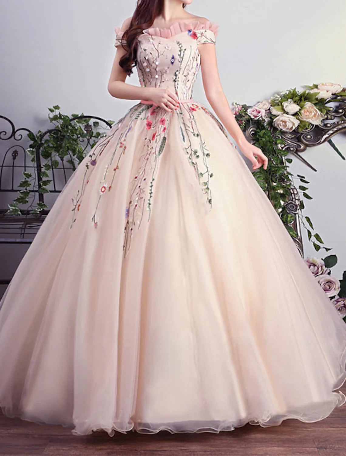 Ball Gown Off-Shoulder Tulle Short Sleeve Pleated Floor-Length Prom Gown - Chloe Dress