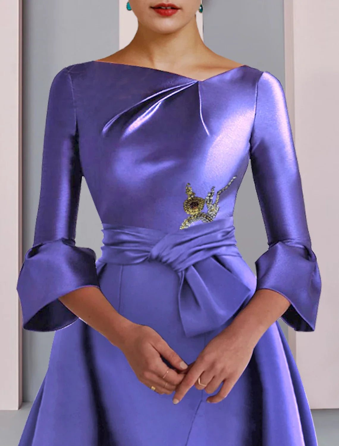 A-Line Satin Three-Quarter Sleeve Pleated Floor-Length Party Dress - Chloe Dress