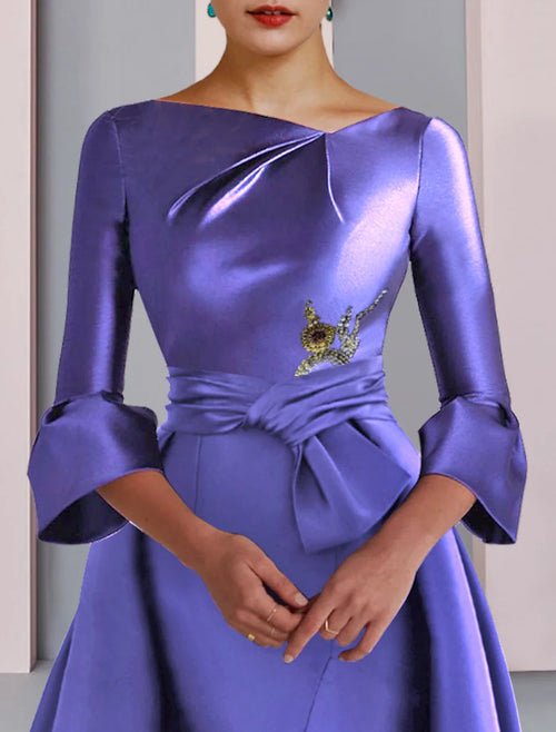 A-Line Satin Three-Quarter Sleeve Pleated Floor-Length Party Dress - Chloe Dress