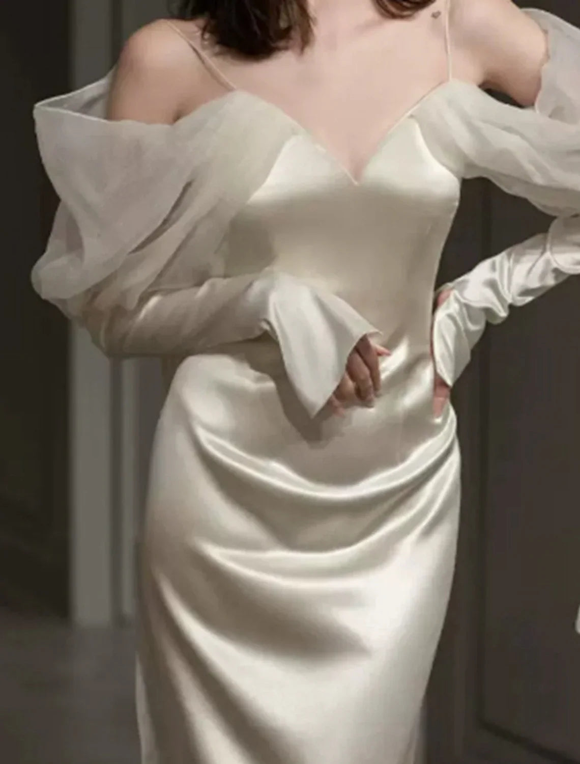 Mermaid Sweetheart Satin Long Sleeve Button Back Floor-Length Evening Gown - Chloe Dress