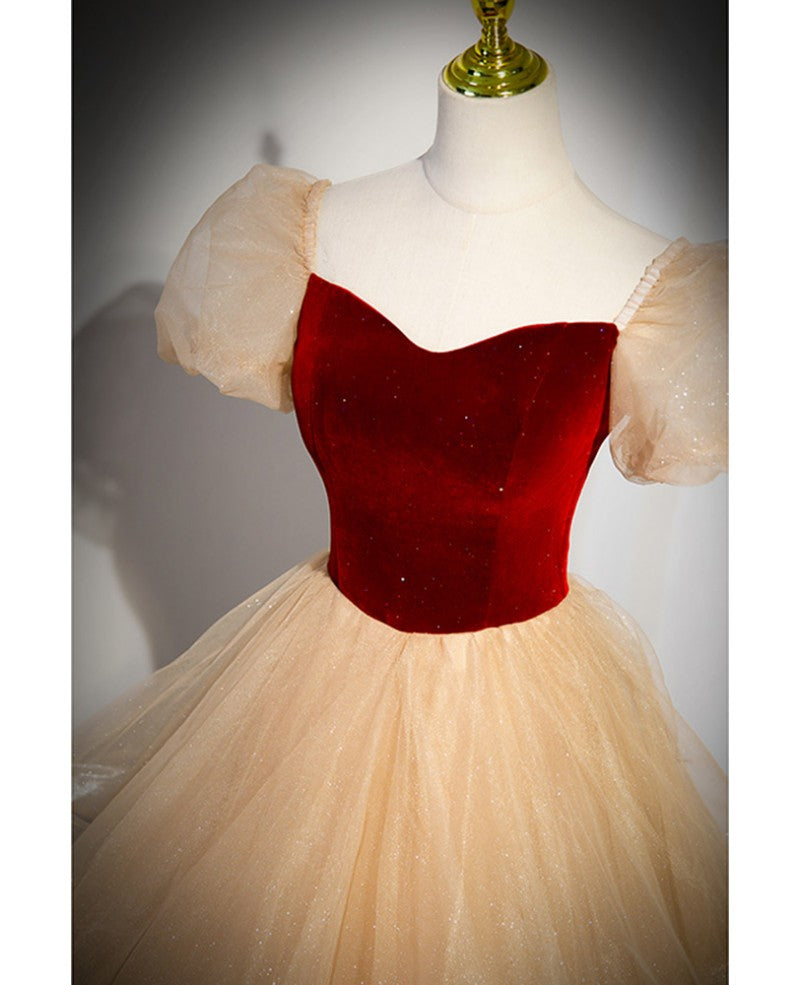 Burgundy Princess Square Neck Sequin Short Sleeve Backless Ruffled Floor-Length Prom Dress - Chloe Dress