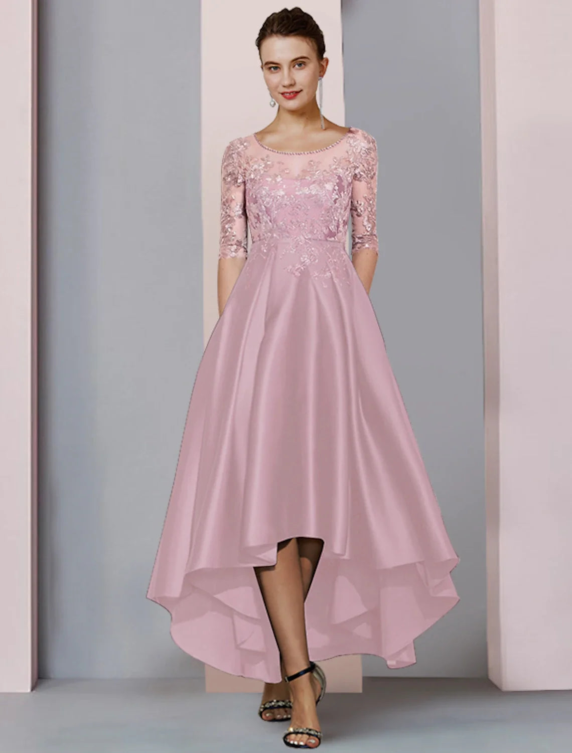 A-Line High Neck Satin Pleated Tea-Length Wedding Dress - Chloe Dress