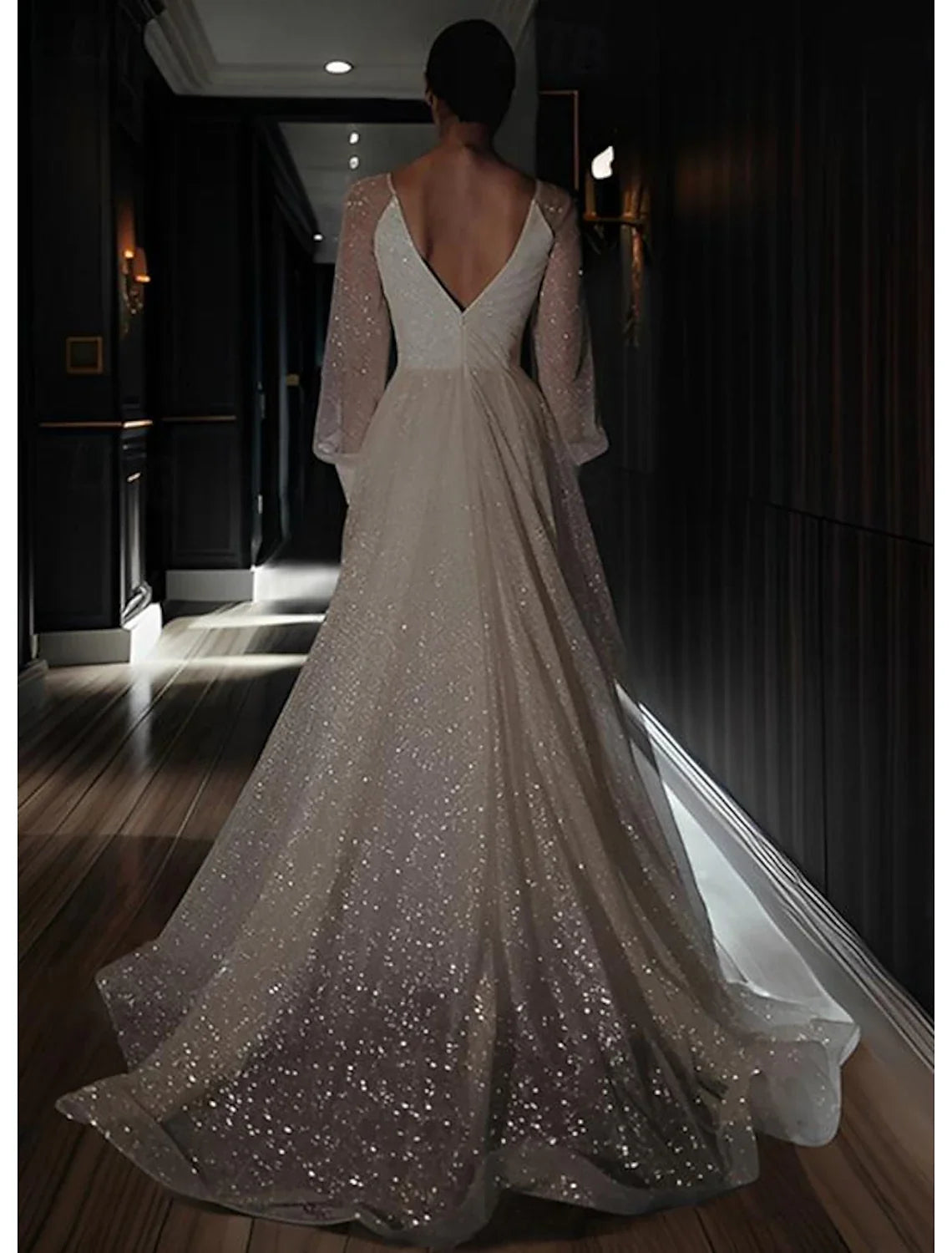 A-Line V-Neck Sequin Long Sleeve Floor-Length Wedding Gown - Chloe Dress