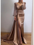 Champagne Mermaid V-Neck Satin Long Sleeve Button Back Floor-Length Evening Gown - Chloe Dress