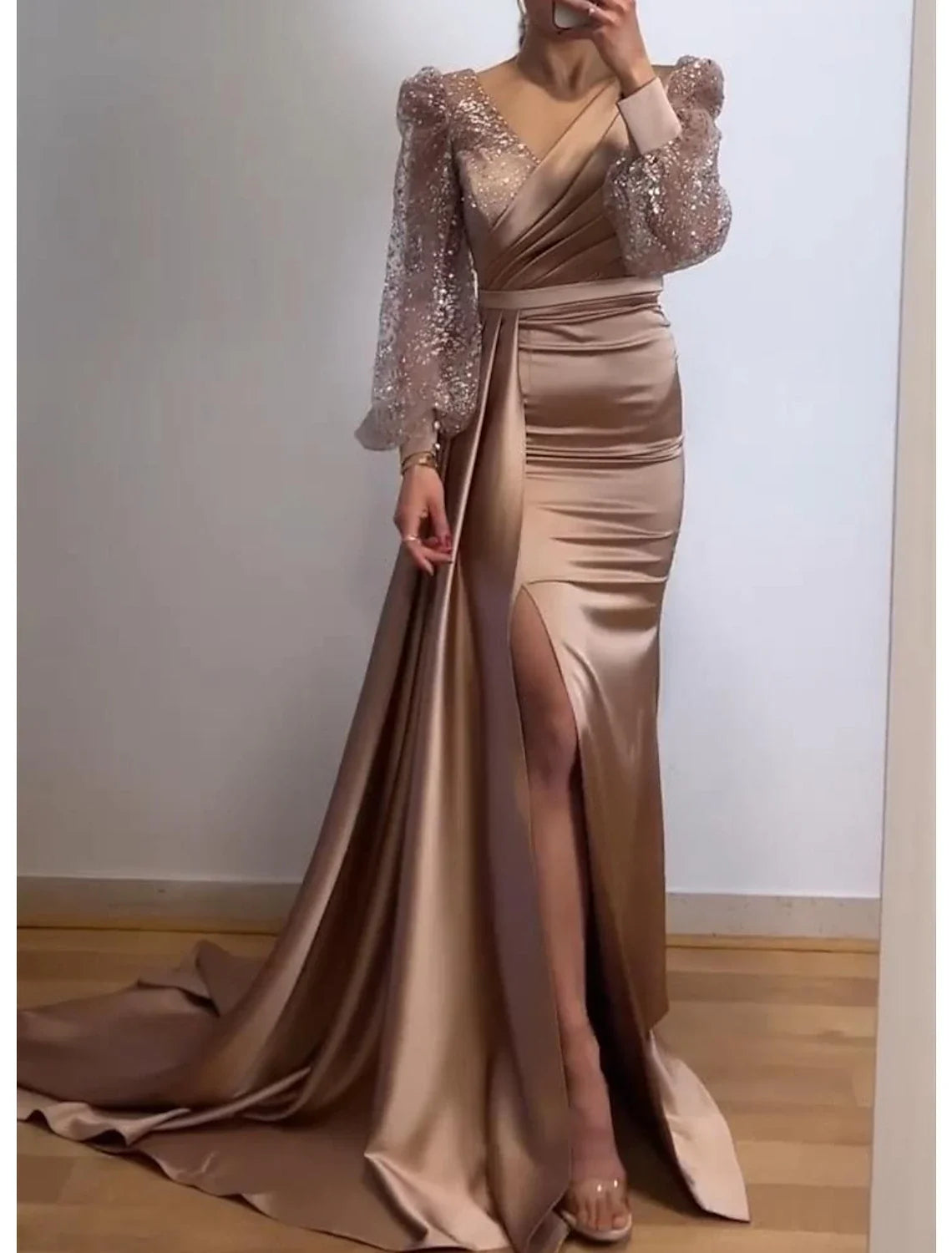Champagne Mermaid V-Neck Satin Long Sleeve Button Back Floor-Length Evening Gown - Chloe Dress