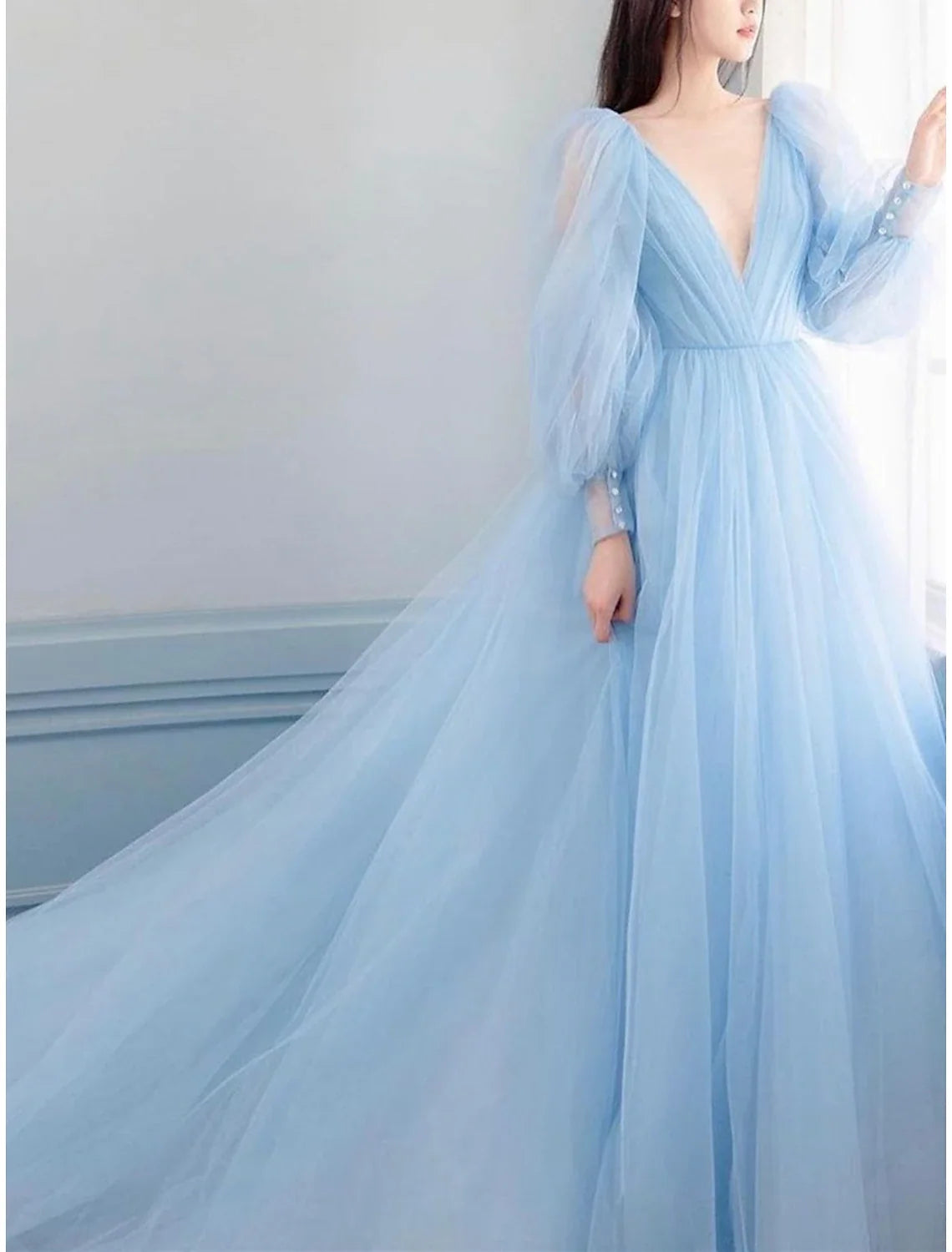 A-Line V-Neck Tulle Long Sleeve Train Tea-Length Prom Dress - Chloe Dress