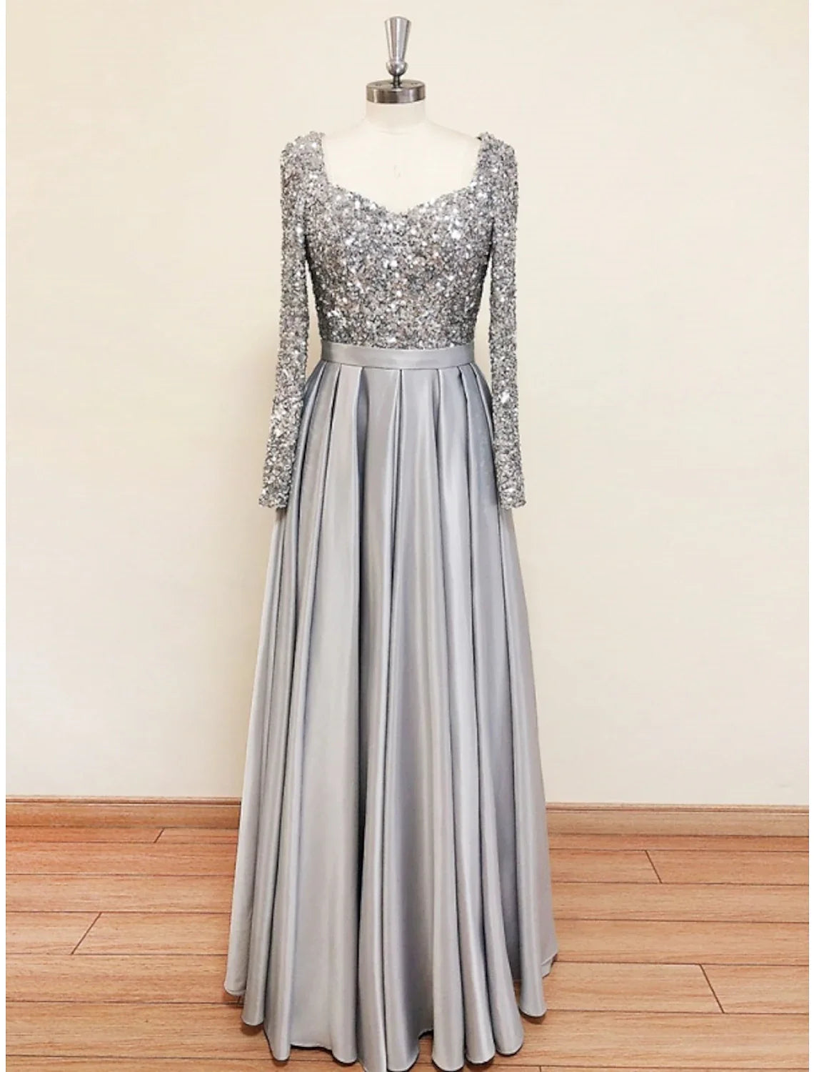 A-Line Square Neck Satin Long Sleeve Pleated Evening Gown - Chloe Dress