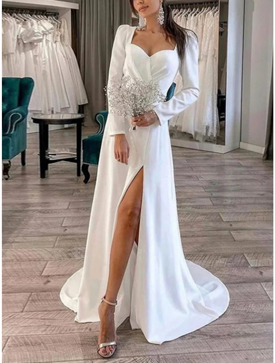 Sheath Sweetheart Satin Long Sleeve Pleated Wedding Gown - Chloe Dress