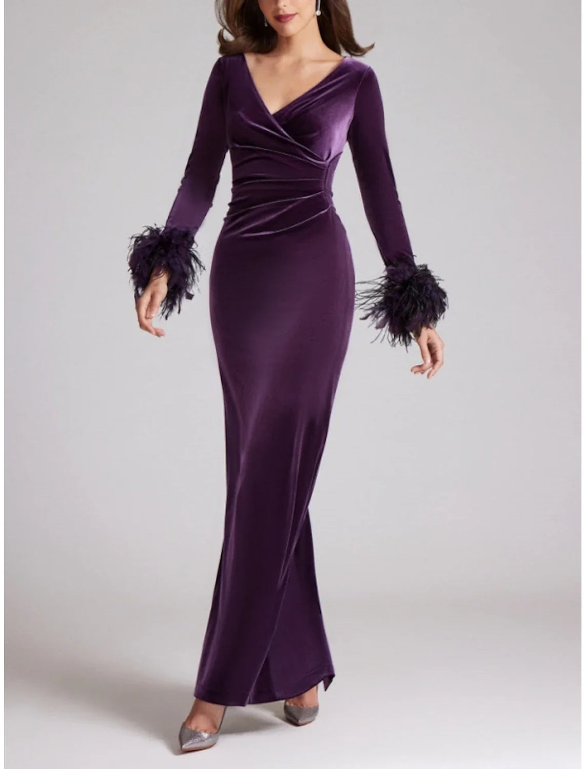 Sheath V-Neck Velvet Long Sleeve High Slit Ankle-Length Evening Gown - Chloe Dress