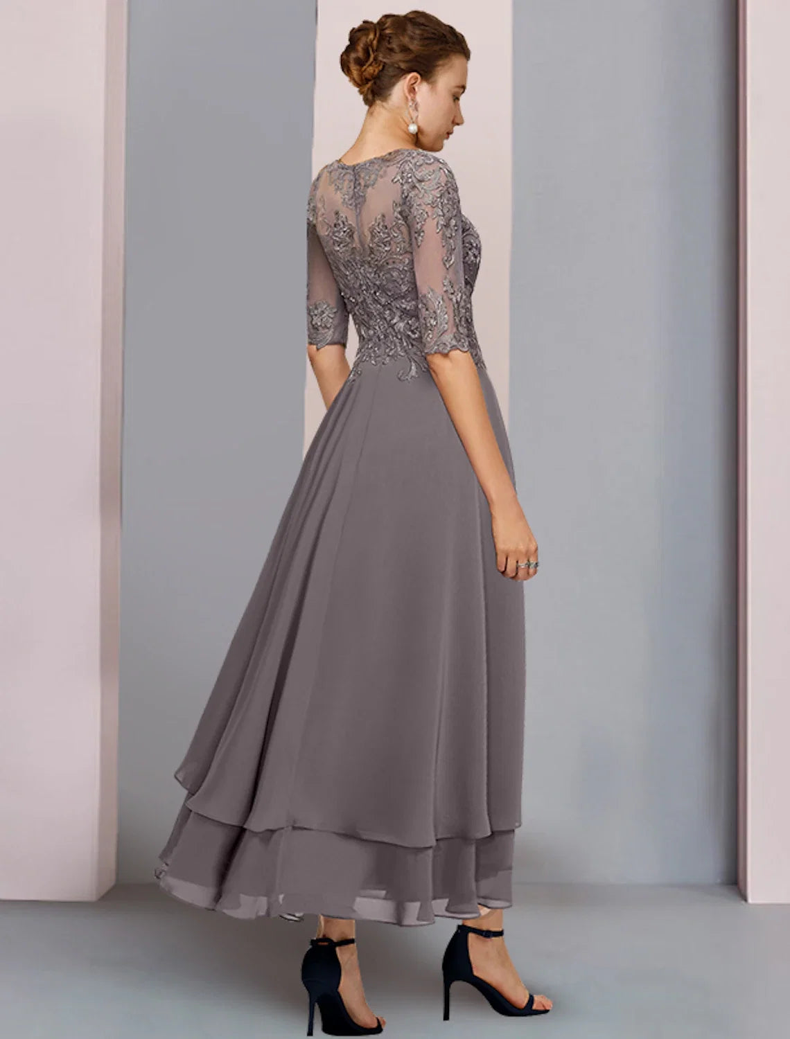 A-Line Chiffon Three-Quarter Sleeve Asymmetric Tea-Length Wedding Dress - Chloe Dress