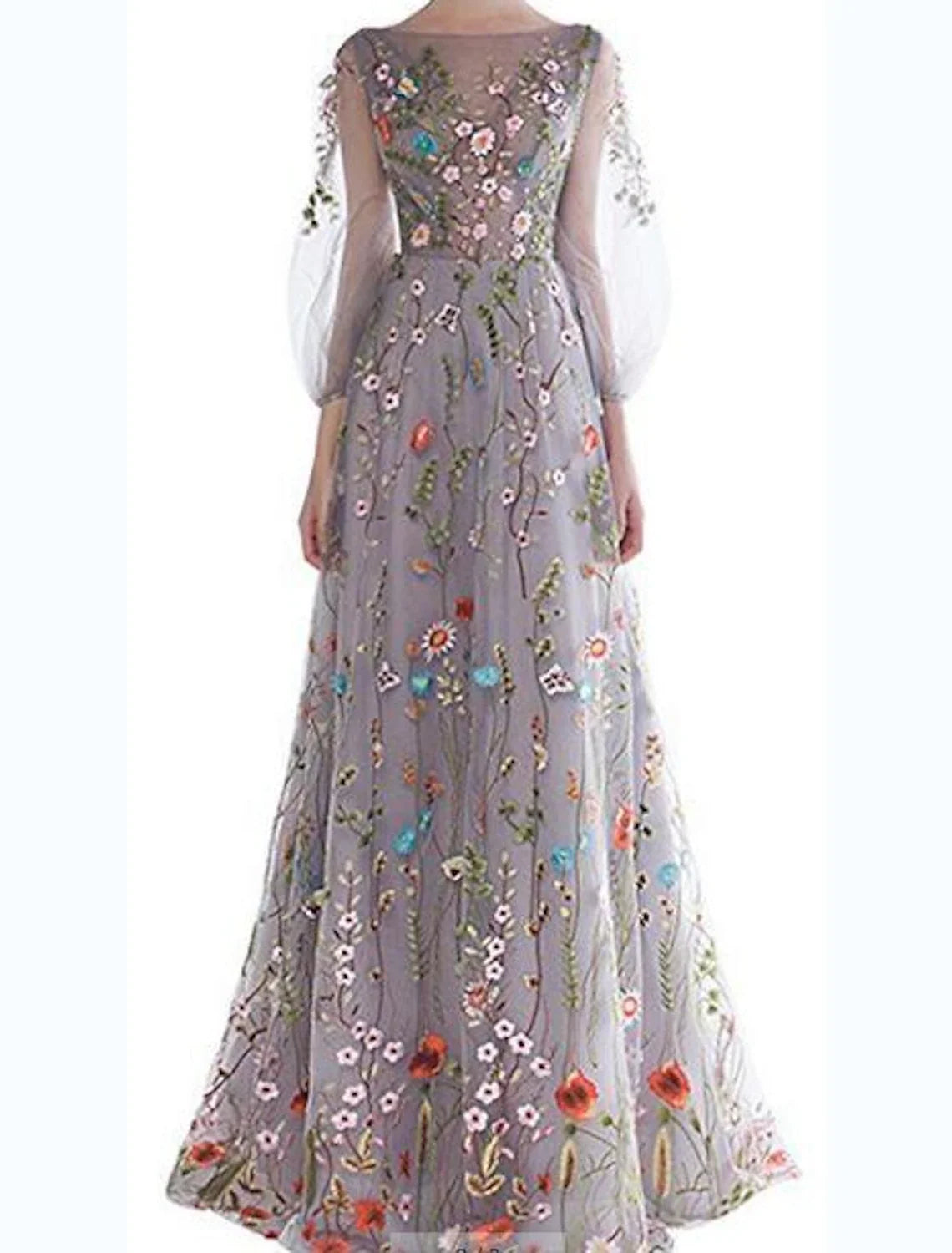 A-Line Tulle Three-Quarter Sleeve Floor-Length Prom Dress - Chloe Dress