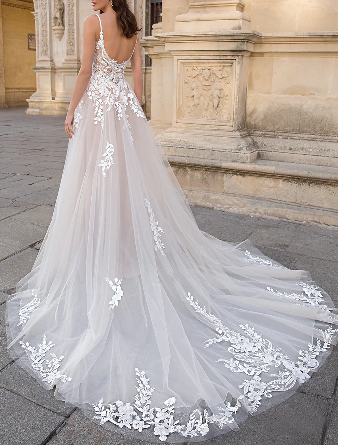 White A-Line V-Neck Lace Sleeveless Train Wedding Gown - Chloe Dress