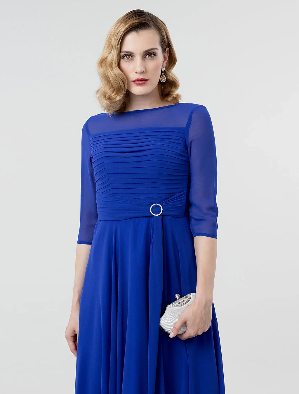 A-Line Illusion Three-Quarter Sleeve Tea-Length Evening Dress - Chloe Dress
