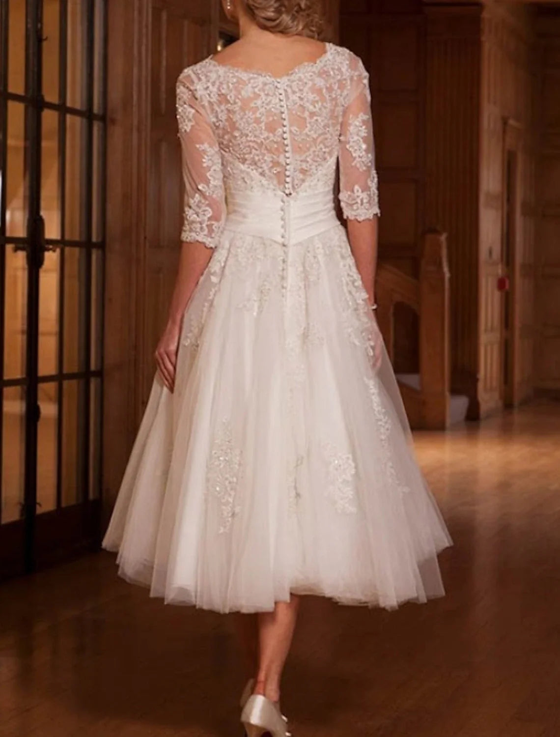 A-Line V-Neck Lace Cap Sleeve Tea-Length Wedding Gown - Chloe Dress