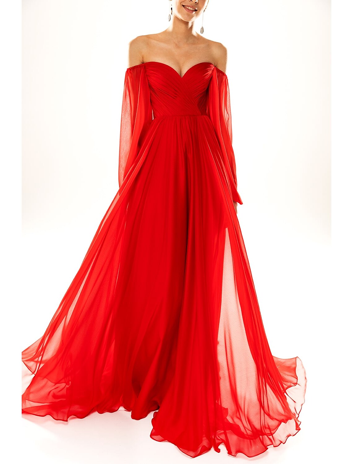 A-Line Strapless Chiffon Long Sleeve Pleated Evening Dress - Chloe Dress