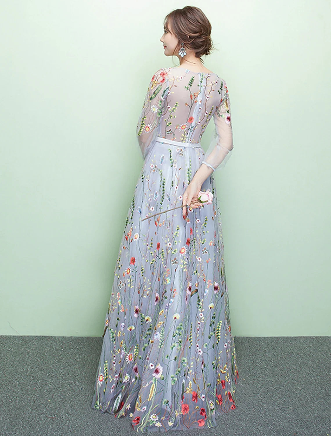 A-Line Lace Three-Quarter Sleeve Floor-Length Evening Dress - Chloe Dress