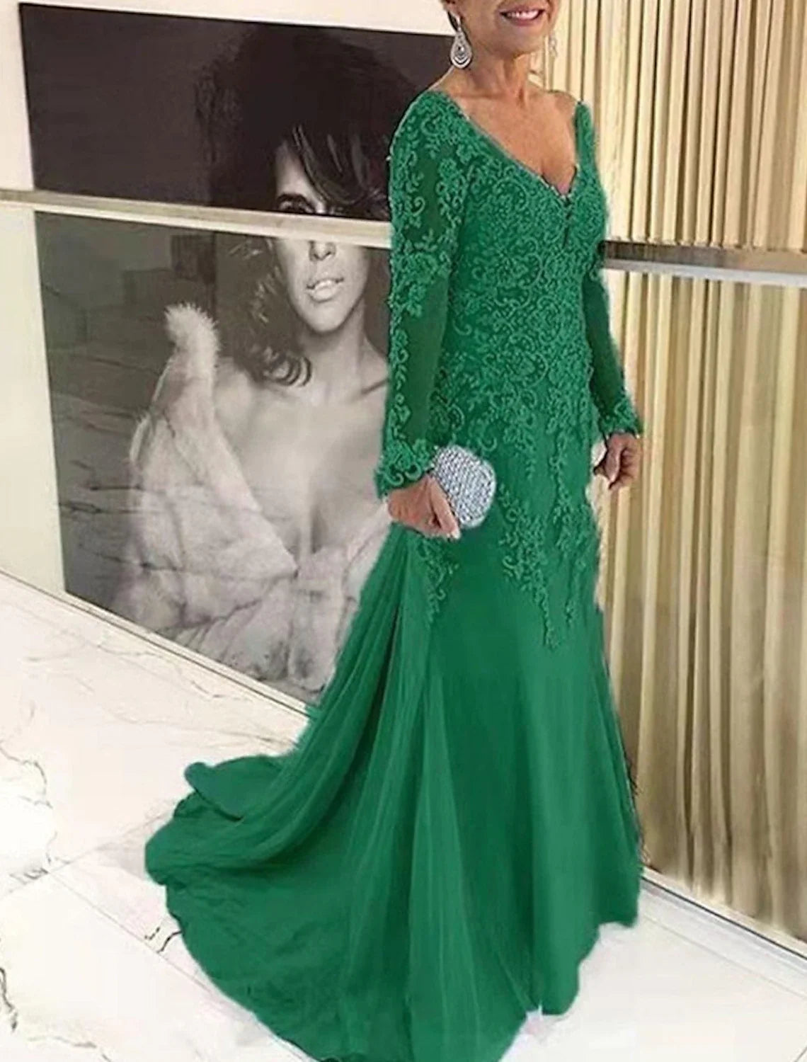 Mermaid V-Neck Lace Long Sleeve Train Wedding Dress - Chloe Dress