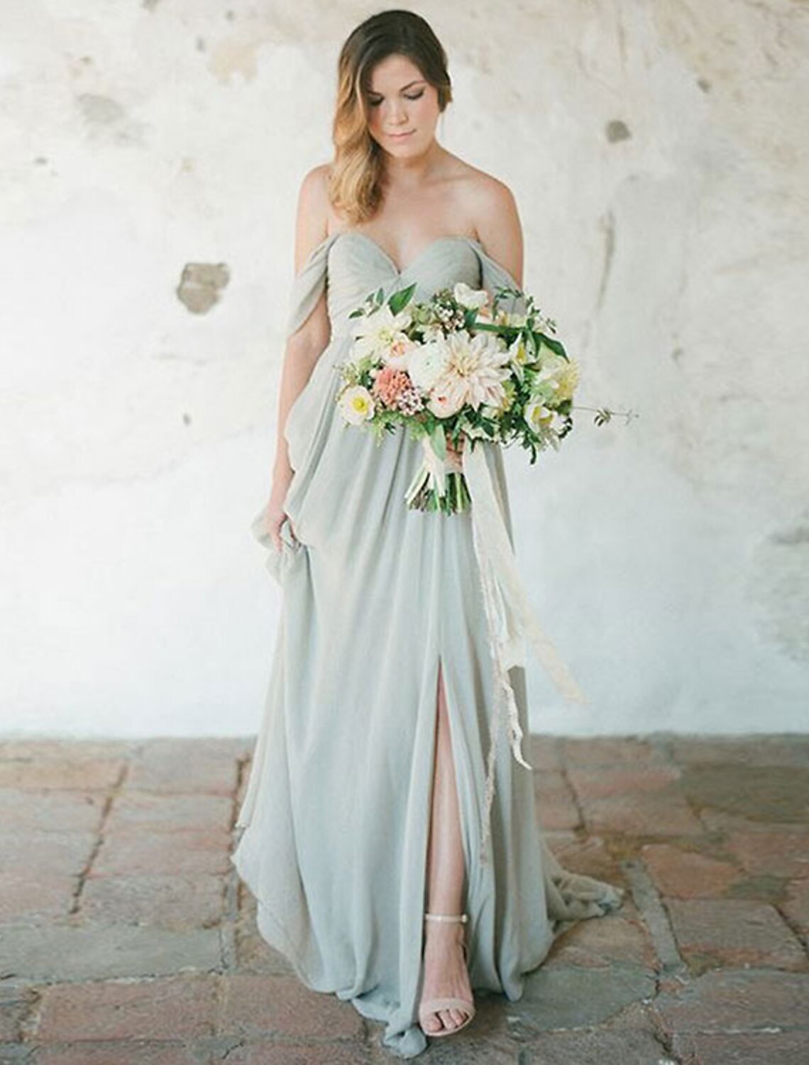 A-Line Sweetheart Chiffon Short Sleeve Pleated Floor-Length Wedding Dress - Chloe Dress