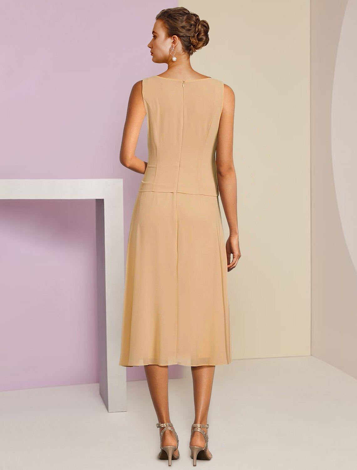 A-Line Chiffon Three-Quarter Sleeve Pleated Tea-Length Wedding Dress - Chloe Dress