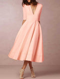 White A-Line V-Neck Satin Pleated Tea-Length Wedding Gown - Chloe Dress