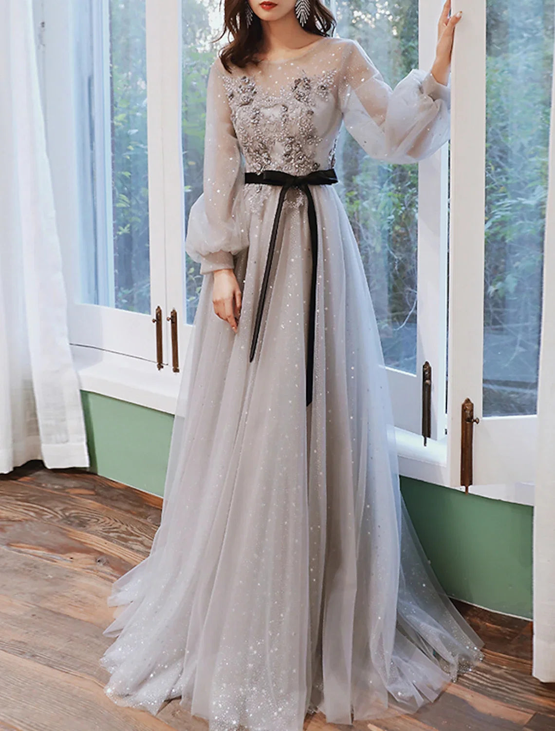 A-Line Tulle Long Sleeve Train Prom Dress - Chloe Dress