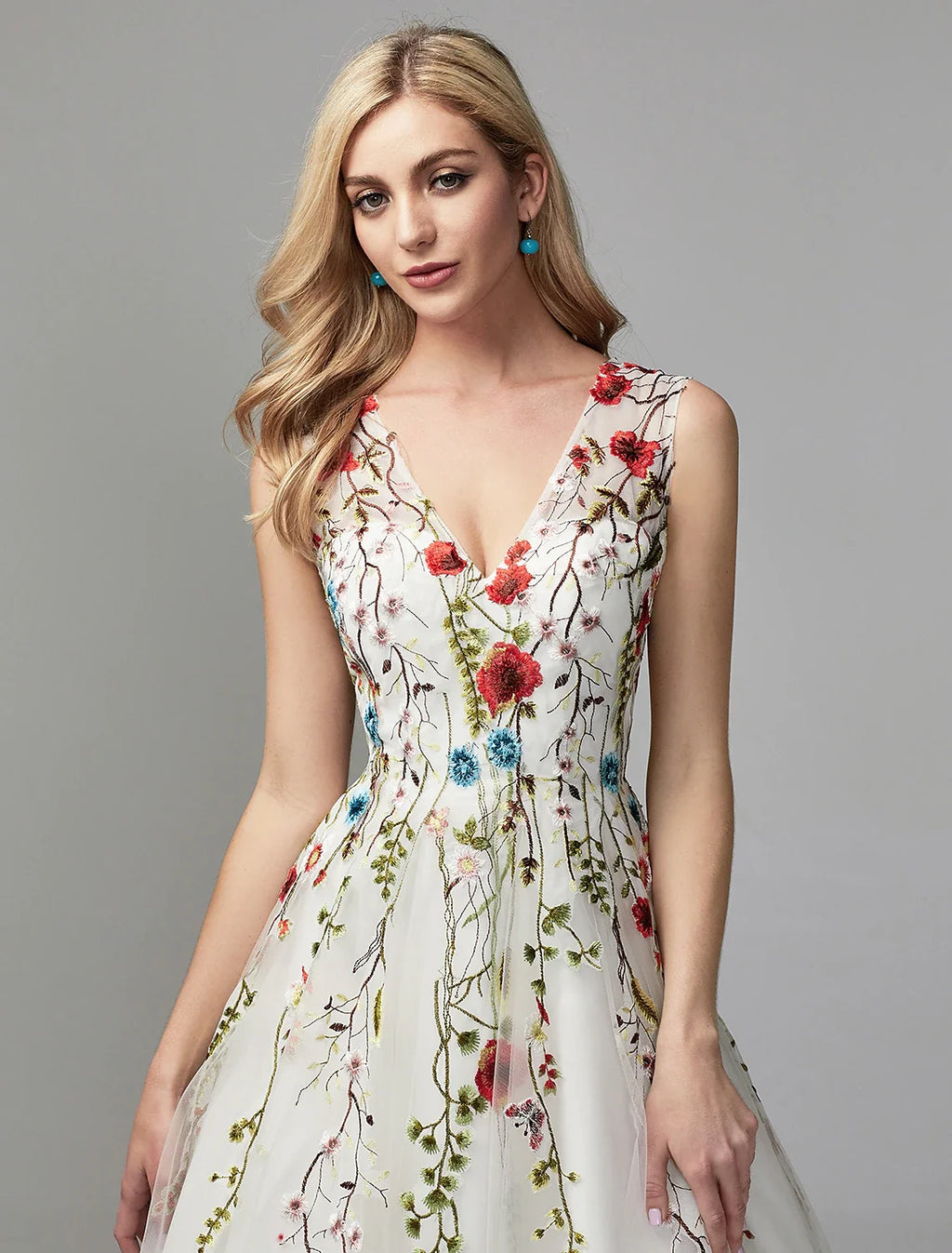 A-Line V-Neck Lace Sleeveless Applique Floor-Length Wedding Dress - Chloe Dress
