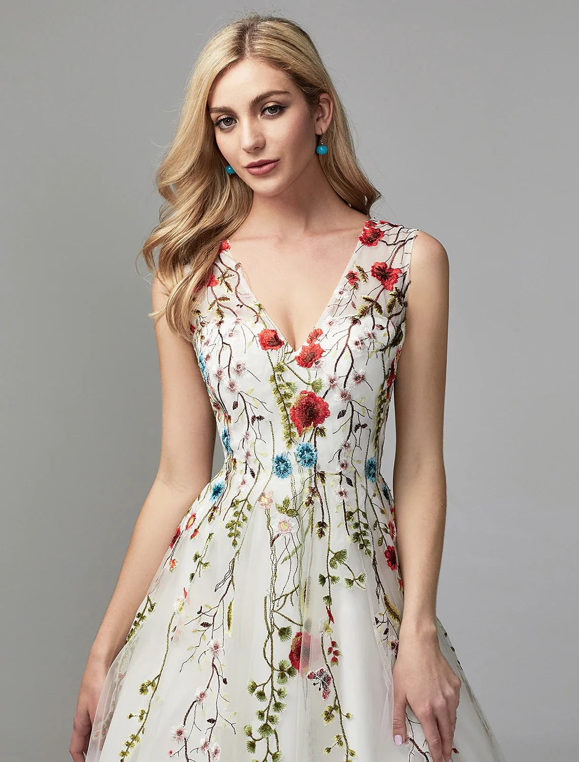A-Line V-Neck Lace Sleeveless Applique Floor-Length Wedding Dress - Chloe Dress
