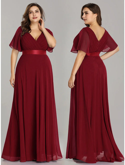 A-Line V-Neck Chiffon Short Sleeve Pleated Floor-Length Evening Dress - Chloe Dress