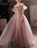 A-Line Off-Shoulder Lace Short Sleeve Applique Floor-Length Evening Dress - Chloe Dress