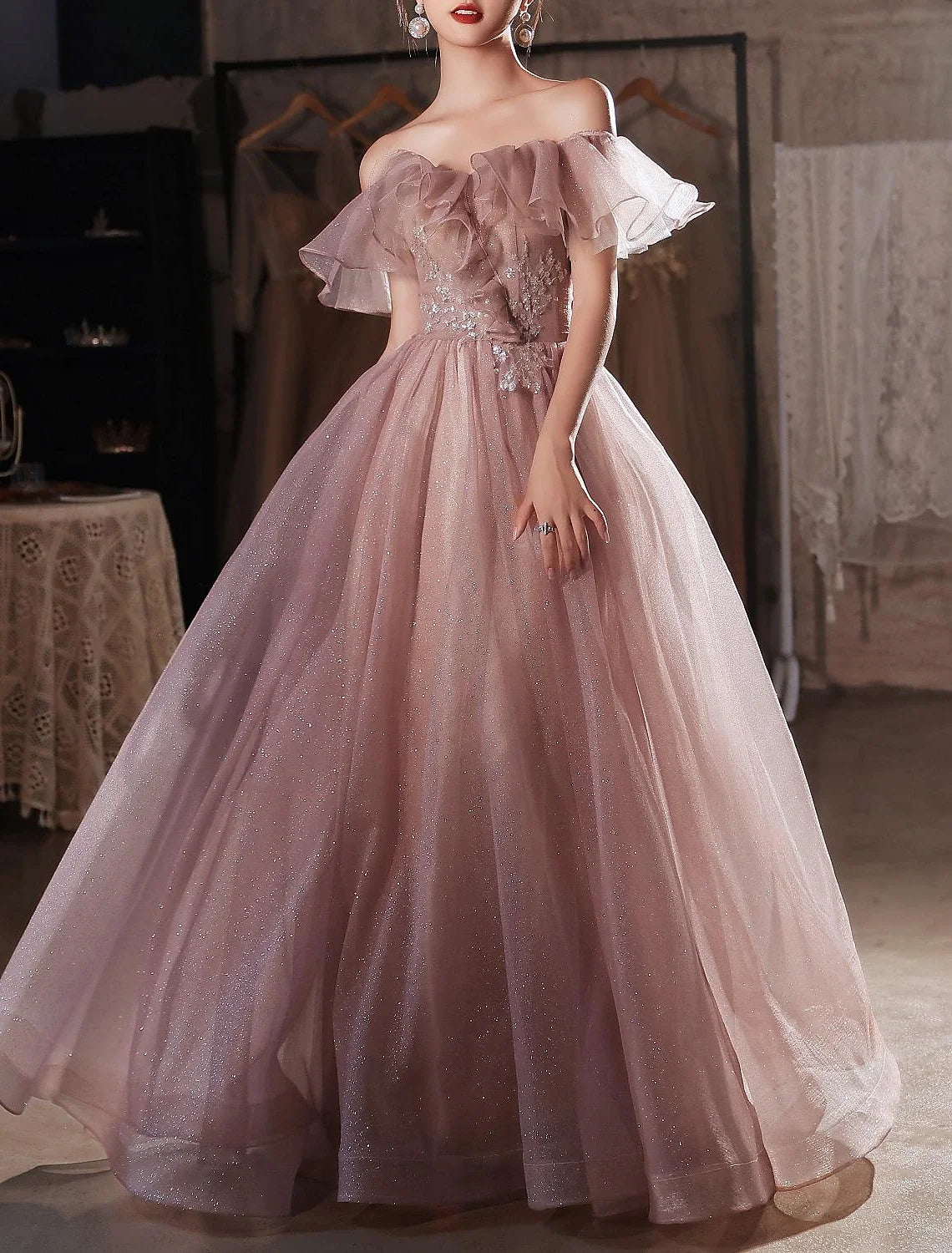 A-Line Off-Shoulder Lace Short Sleeve Applique Floor-Length Evening Dress - Chloe Dress