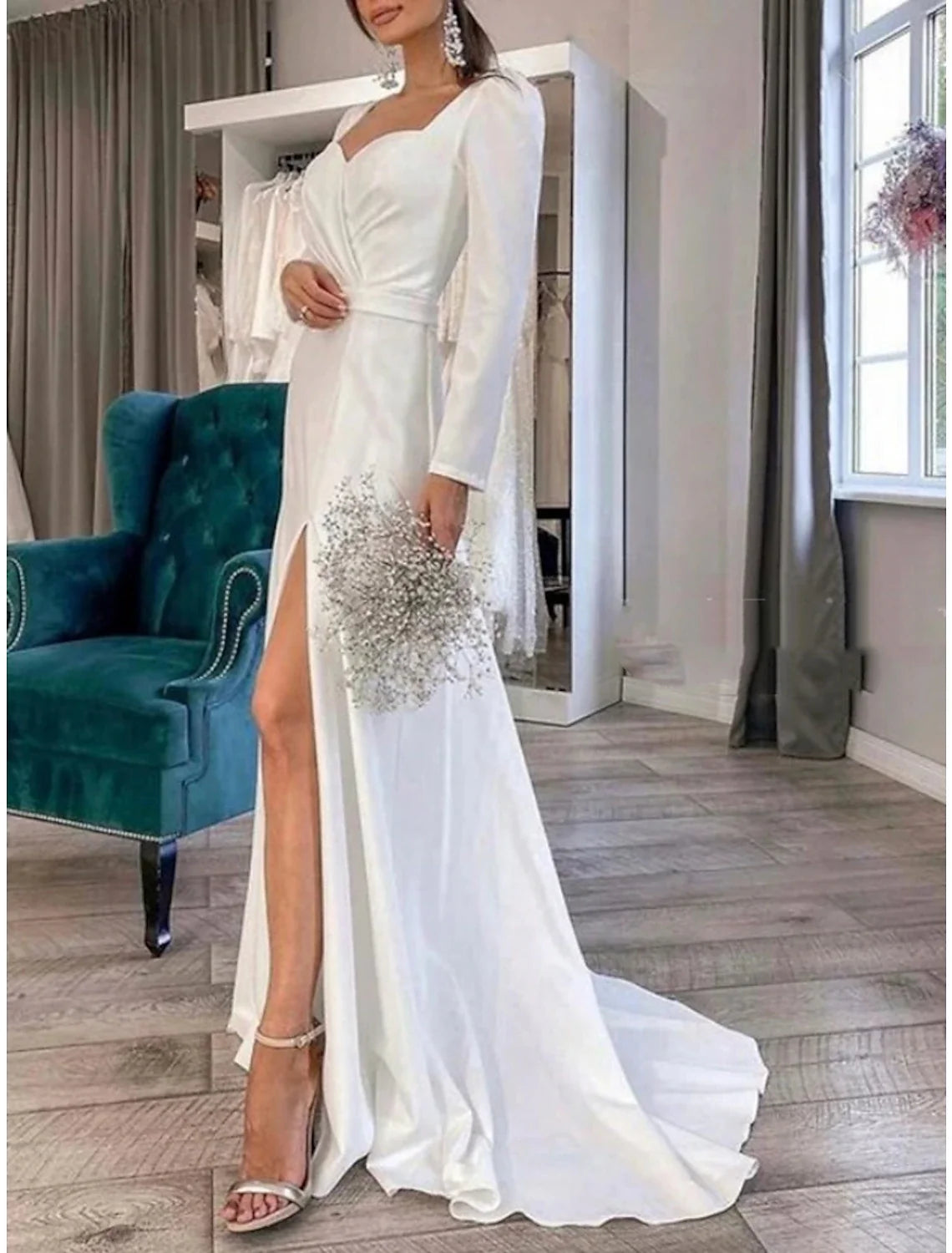 Sheath Sweetheart Satin Long Sleeve Pleated Wedding Gown - Chloe Dress