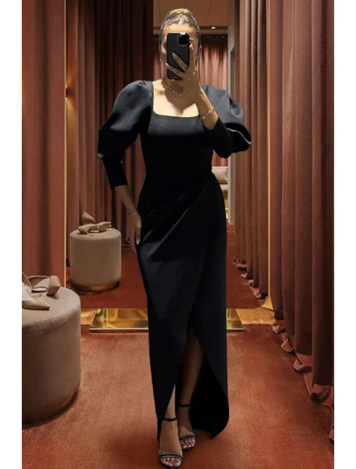 Black Sheath Square Neck Three-Quarter Sleeve High Slit Evening Gown - Chloe Dress