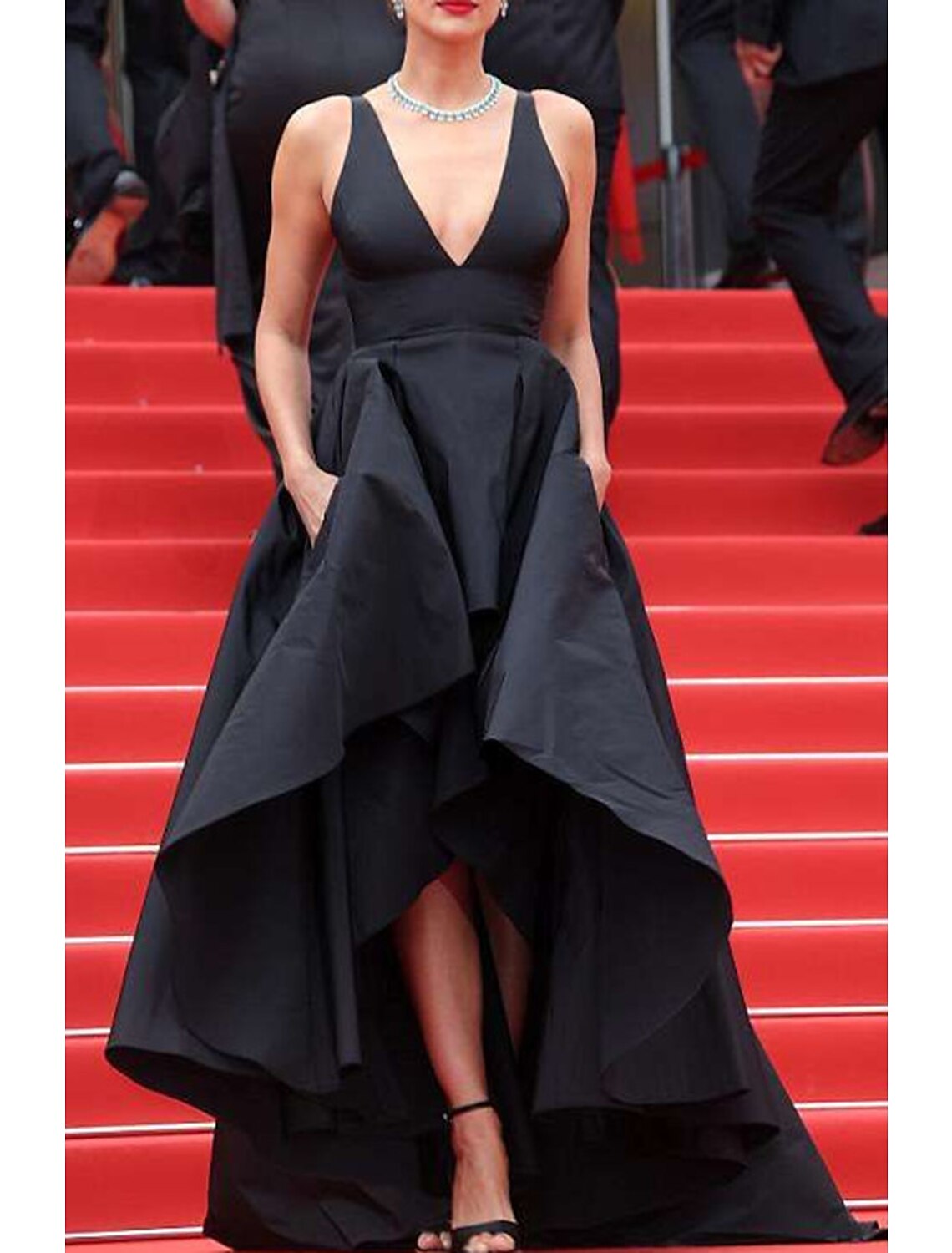 Black A-Line V-Neck Satin Sleeveless Asymmetric Evening Gown - Chloe Dress