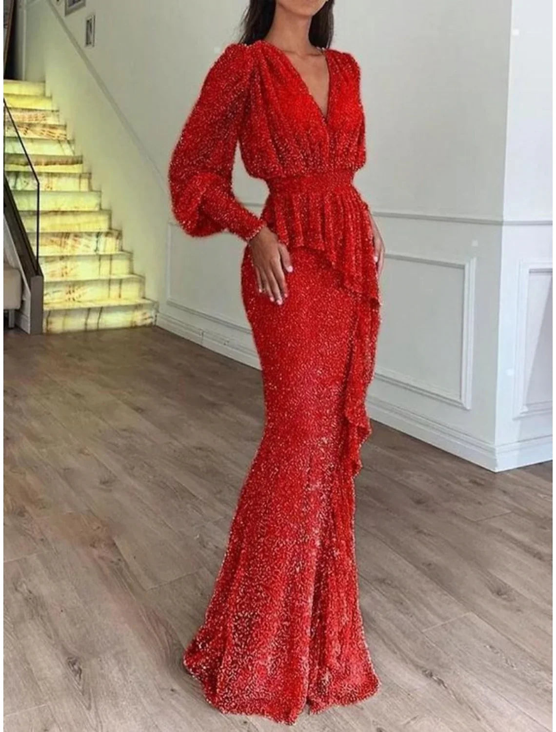 Mermaid V-Neck Sequin Long Sleeve Ruffled Floor-Length Evening Gown - Chloe Dress