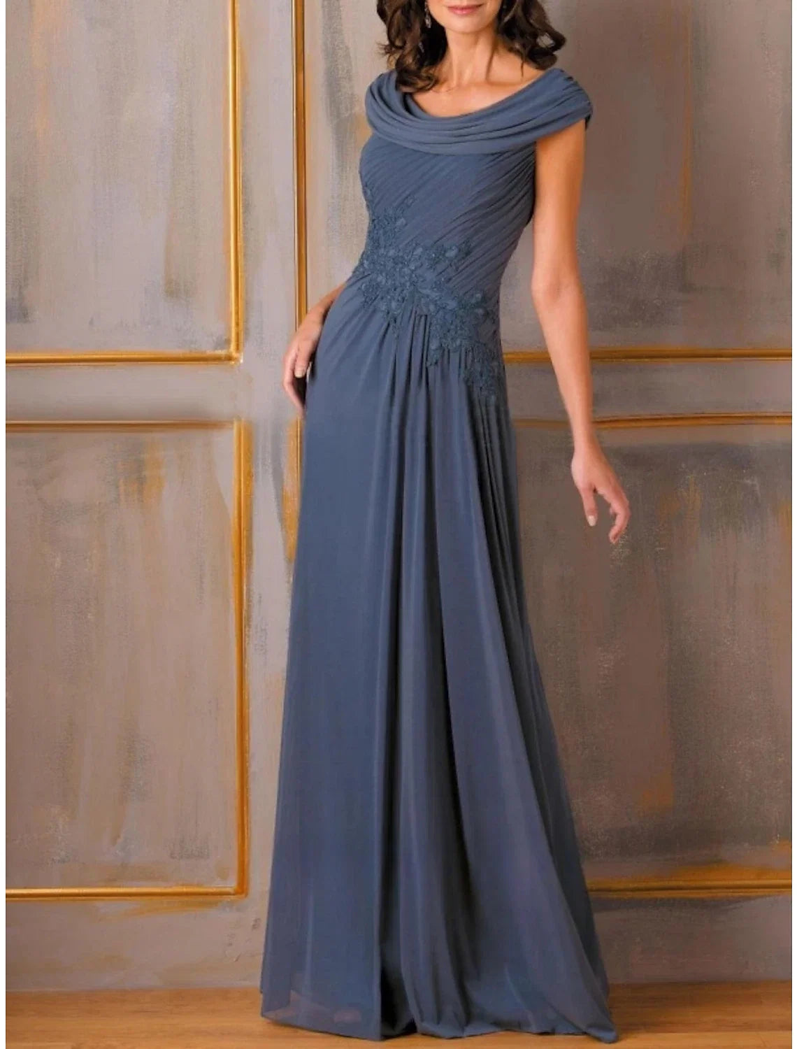A-Line Chiffon Short Sleeve Pleated Floor-Length Evening Gown - Chloe Dress