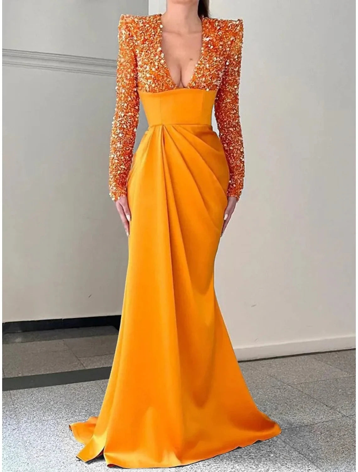 Champagne Mermaid V-Neck Satin Long Sleeve Pleated Evening Gown - Chloe Dress