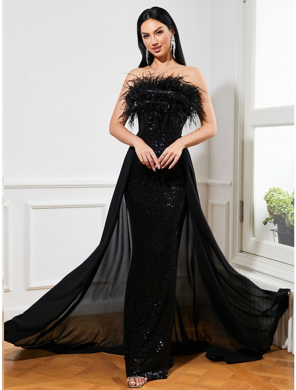 Black A-Line Strapless Sequin Sleeveless Train Evening Gown - Chloe Dress