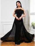 Black A-Line Strapless Sequin Sleeveless Train Evening Gown - Chloe Dress