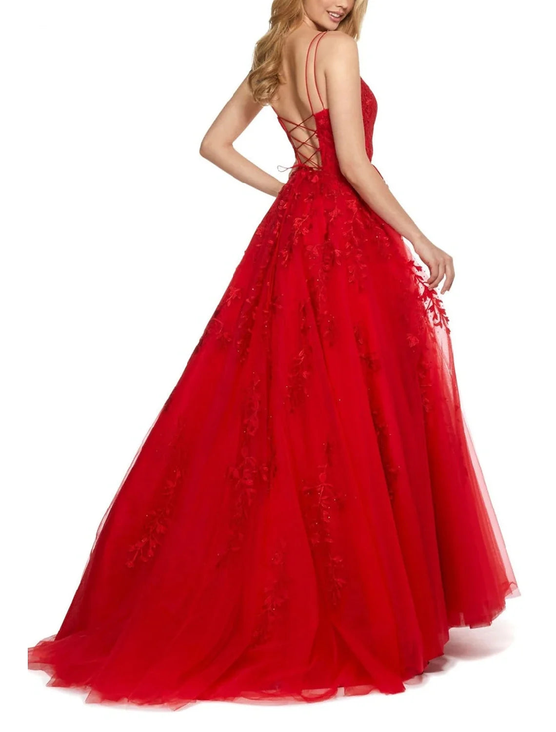 A-Line Spaghetti Strap Lace Sleeveless Backless Applique Floor-Length Prom Dress - Chloe Dress