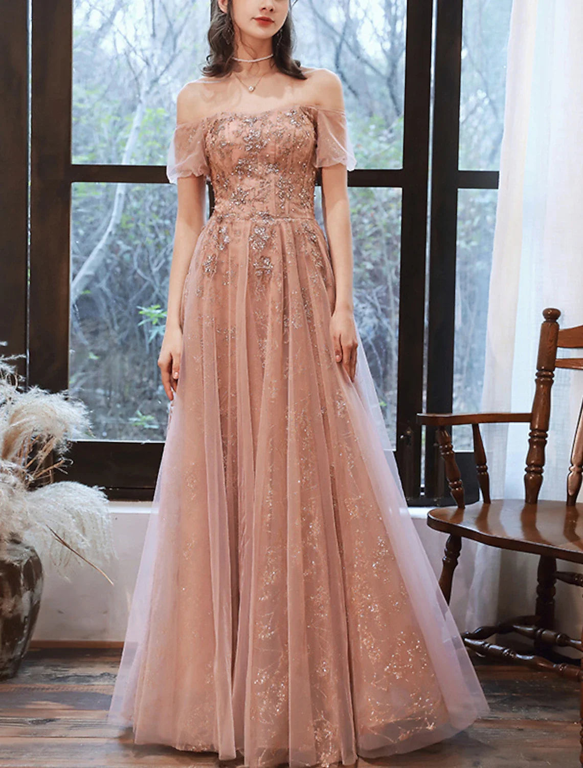 A-Line Off-Shoulder Sequin Short Sleeve Applique Floor-Length Evening Gown - Chloe Dress