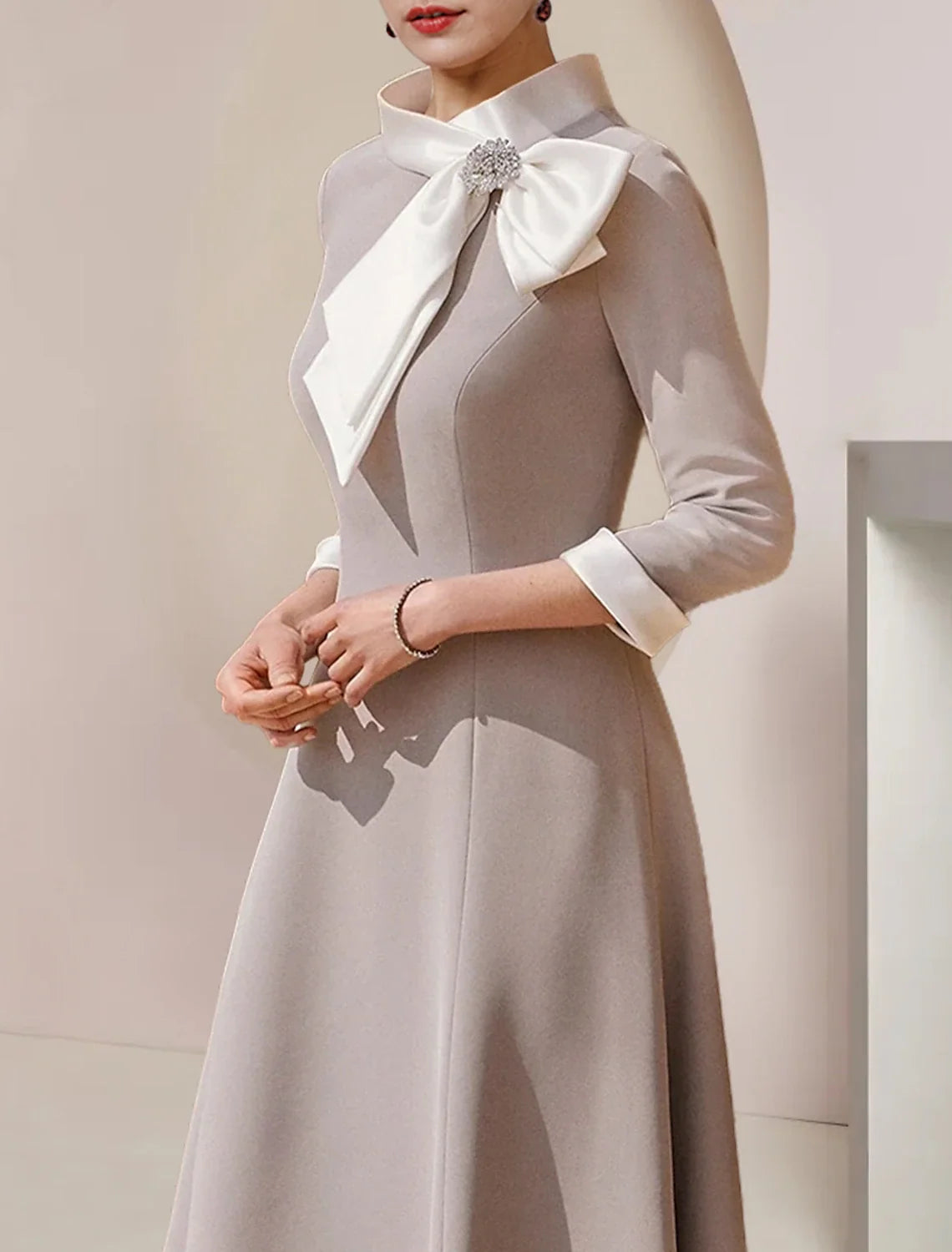 A-Line High Neck Satin Three-Quarter Sleeve Asymmetric Tea-Length Wedding Dress - Chloe Dress