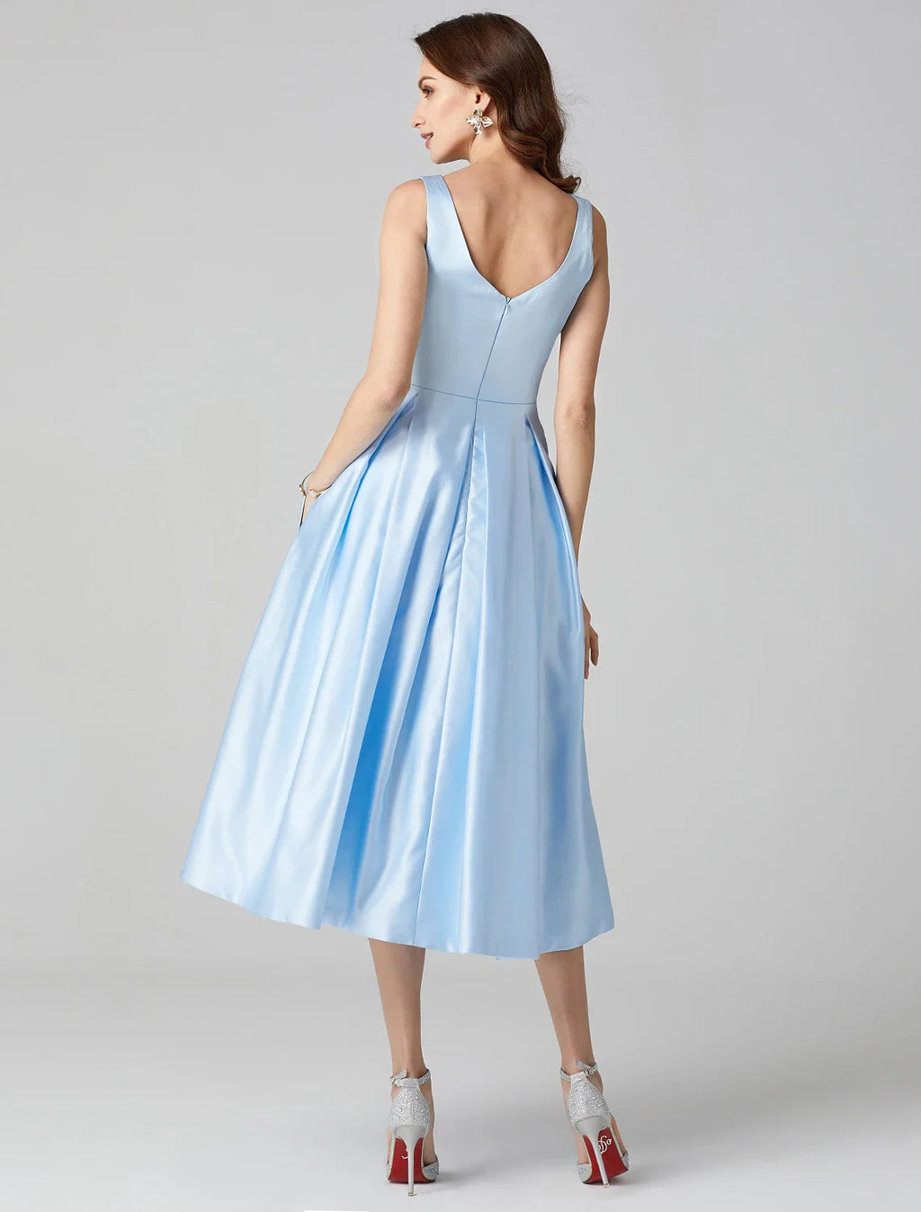 A-Line Satin Sleeveless Pleated Tea-Length Wedding Dress - Chloe Dress