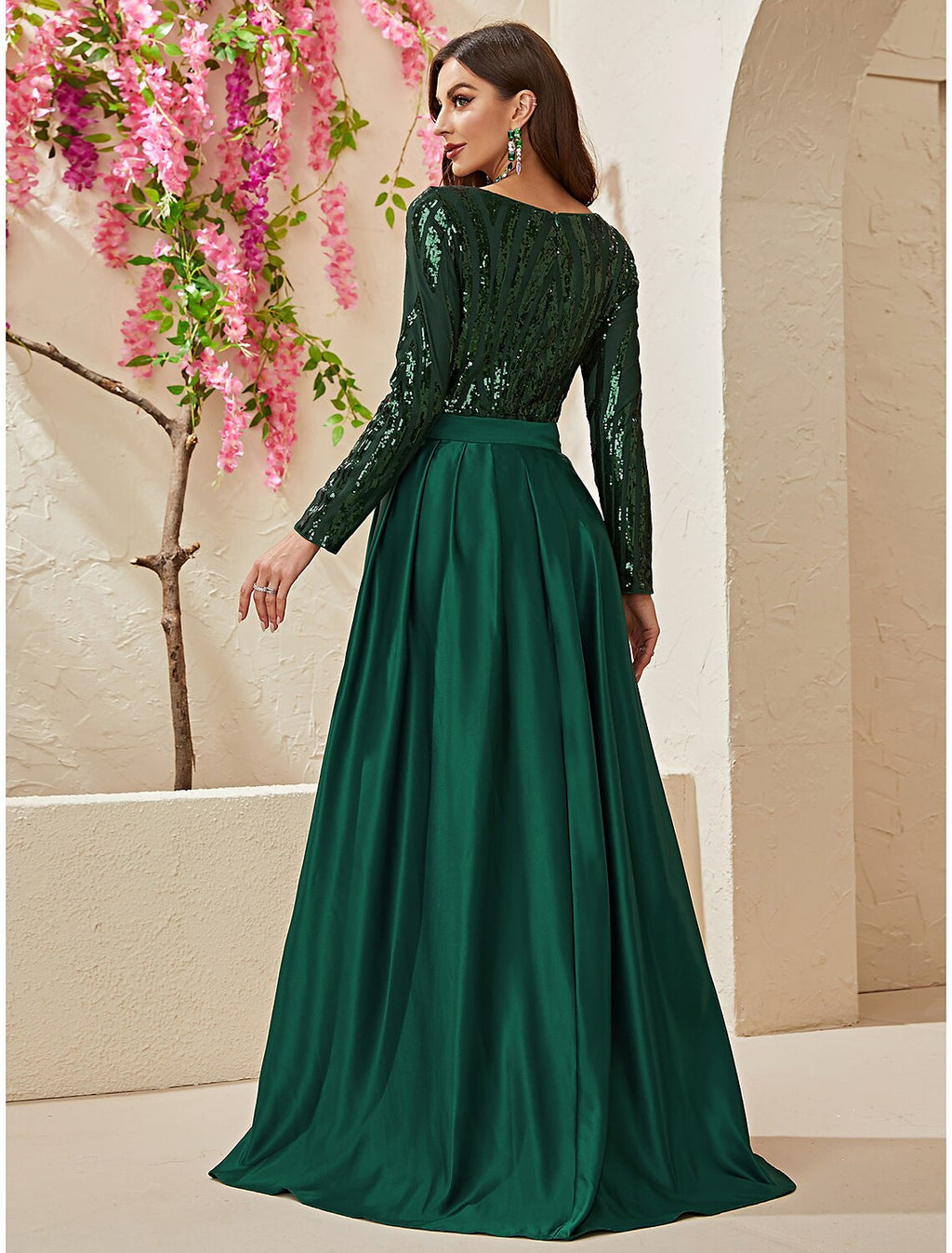 Mermaid V-Neck Sequin Long Sleeve Train Evening Gown - Chloe Dress