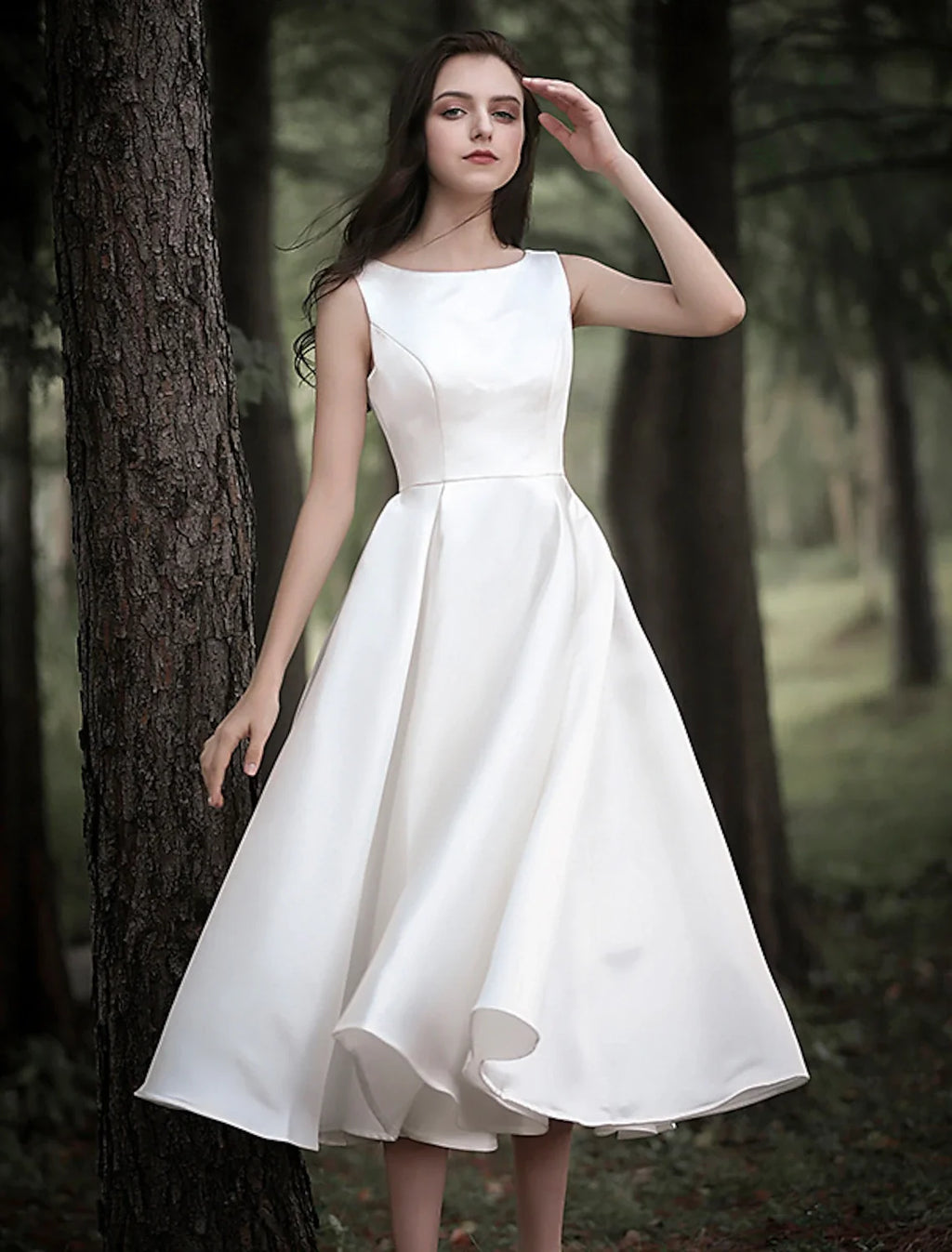 White A-Line Satin Sleeveless Tea-Length Wedding Gown - Chloe Dress