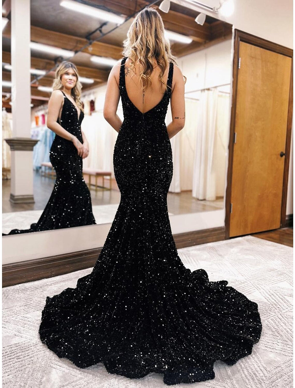 Mermaid V-Neck Sequin Sleeveless Backless Train Prom Dress - Chloe Dress