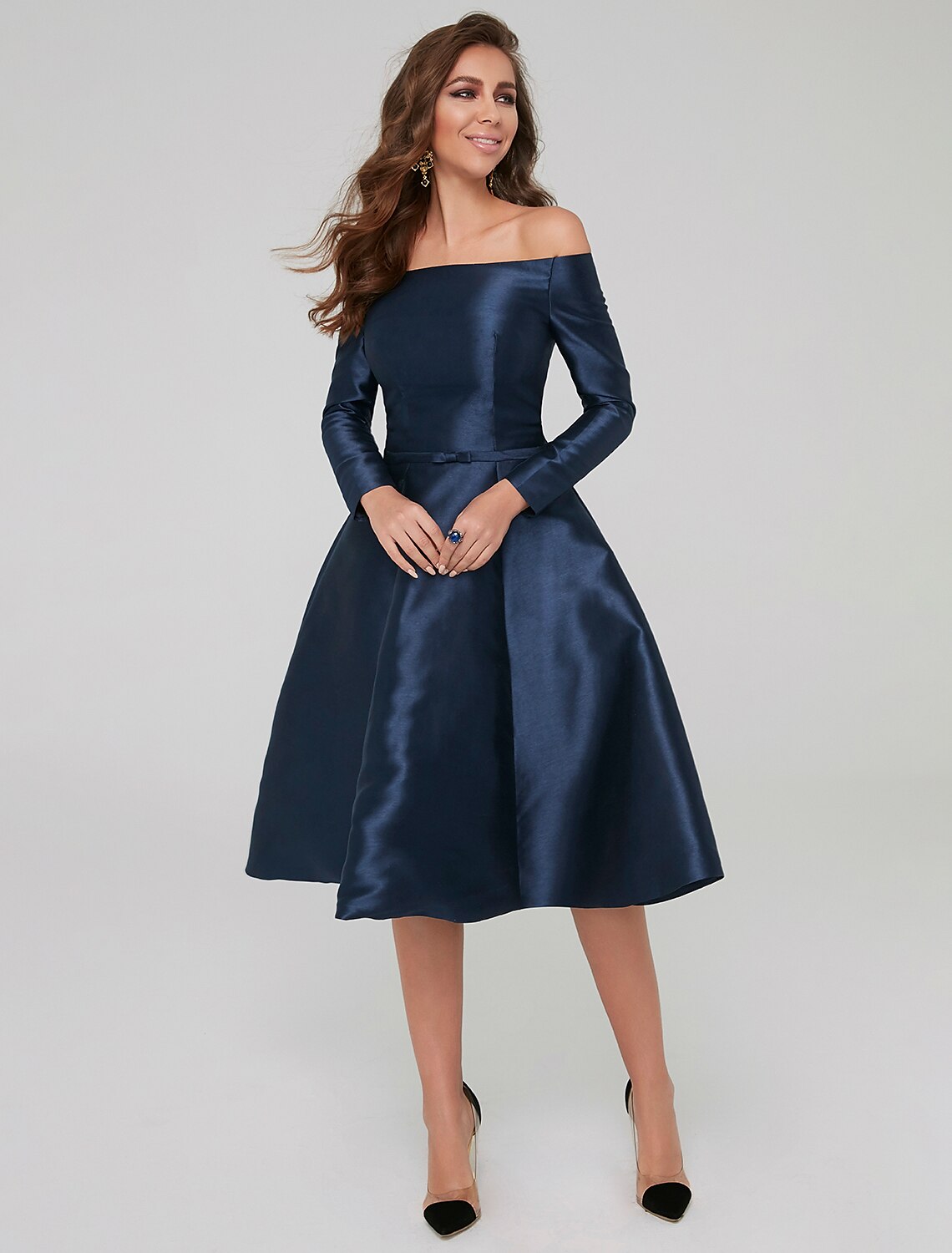 A-Line Off-Shoulder Satin Long Sleeve Pleated Knee-Length Wedding Dress - Chloe Dress