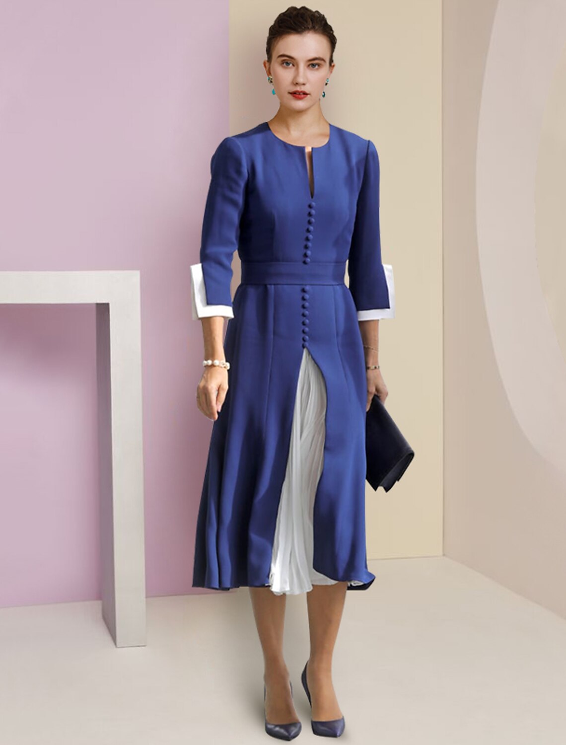 A-Line Chiffon Three-Quarter Sleeve Button Back Tea-Length Wedding Dress - Chloe Dress