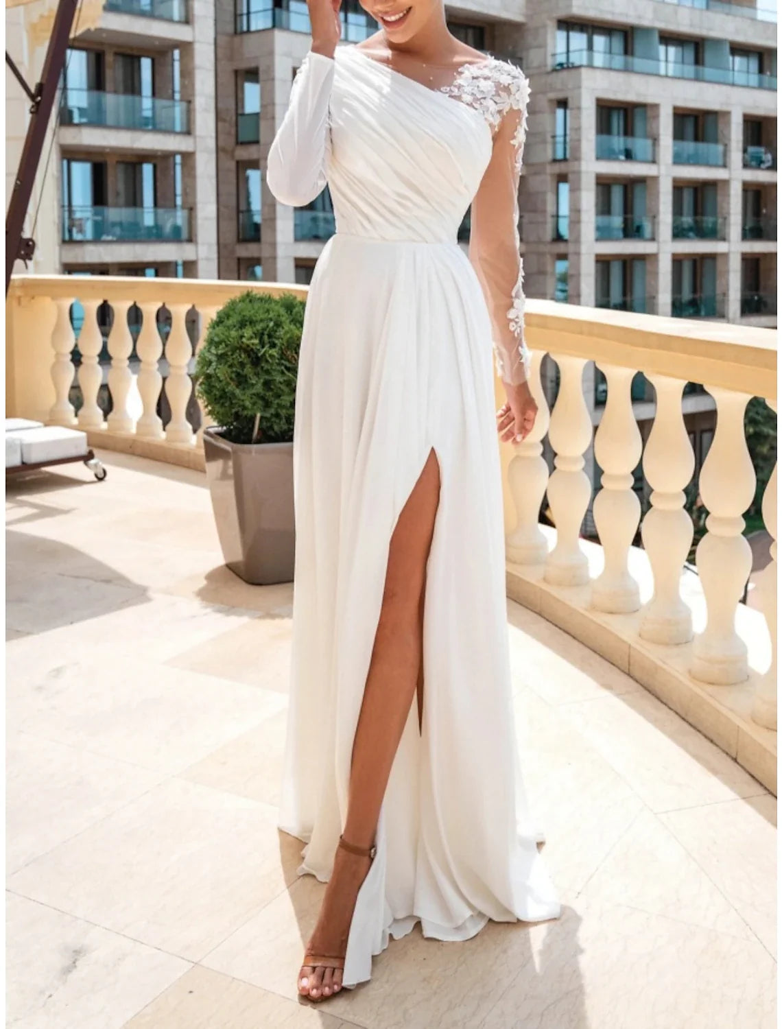 A-Line Chiffon Long Sleeve Pleated Wedding Gown - Chloe Dress