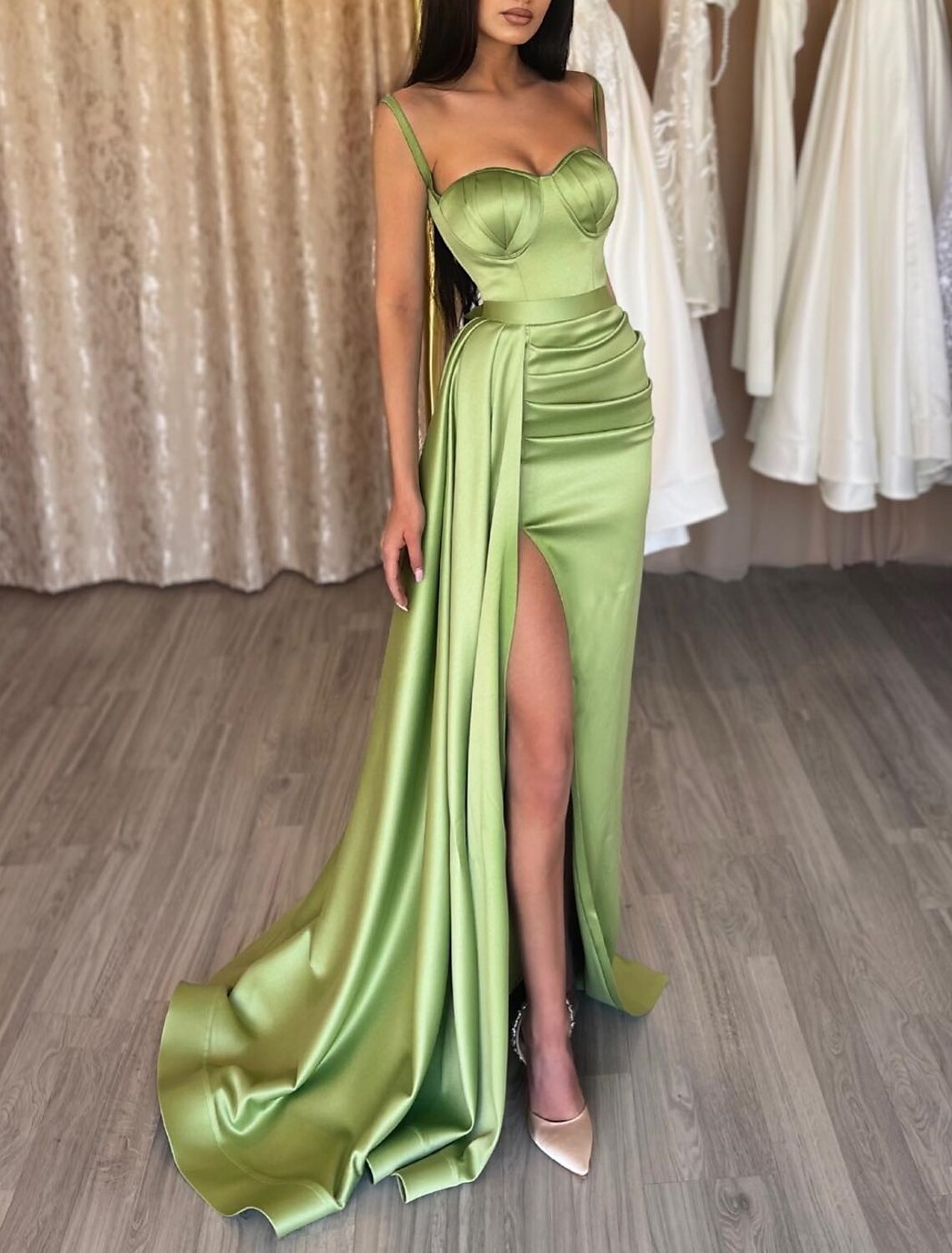 Mermaid Spaghetti Strap Satin Sleeveless High Slit Evening Dress - Chloe Dress